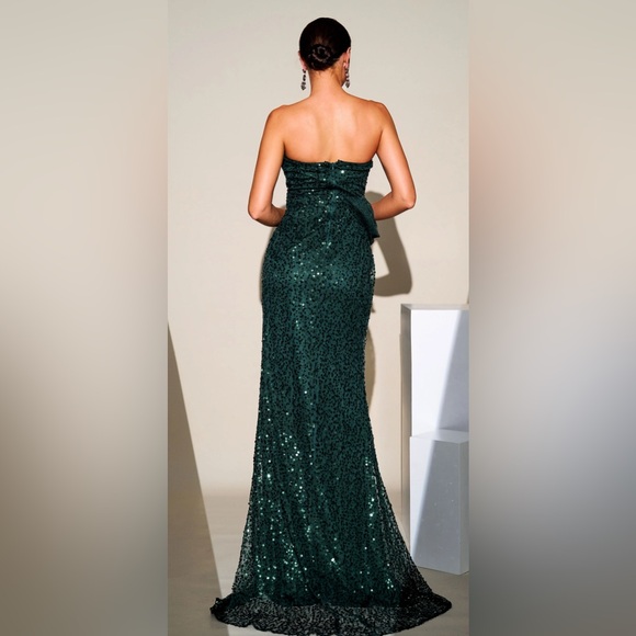 New dark green one-shoulder wrap maxi dress with batwing sleeves - Picture 2 of 8